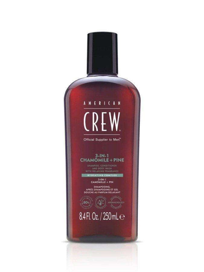 American Crew 3-en-1 Camomille & Pin 250ml - Shampoing, Après-Shampoing et Gel Douche