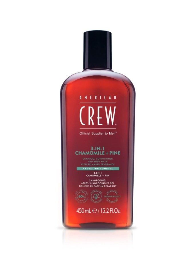 American Crew 3-en-1 Camomille & Pin 450ml – Shampoing, Après-Shampoing & Gel Douche