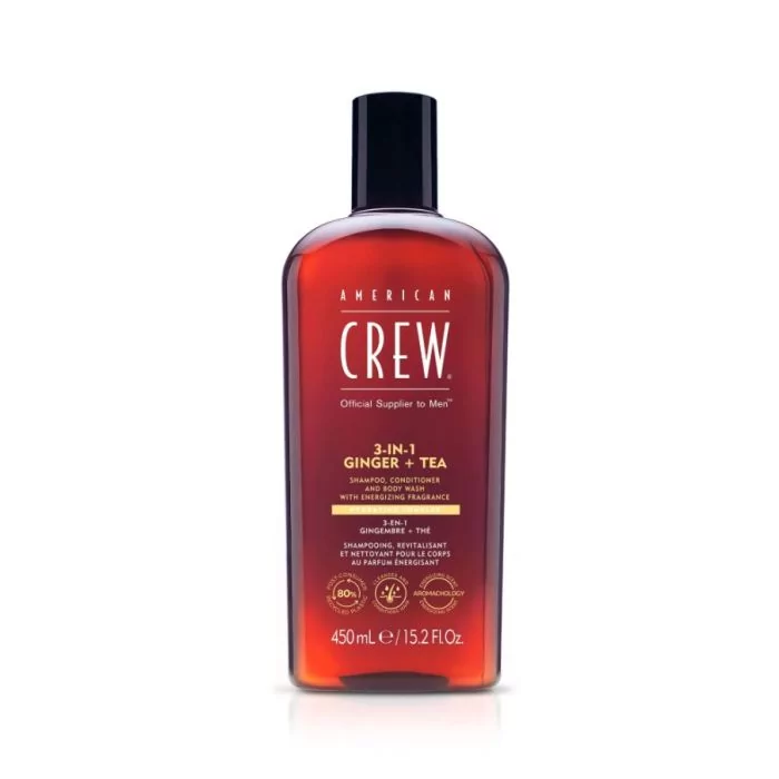 American Crew 3-en-1 Gingembre & Thé 450ml - Shampoing, Après-shampooing et Gel Douche