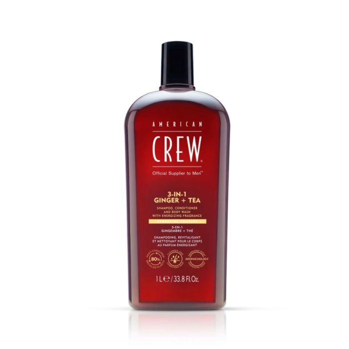 American Crew 3-en-1 Gingembre & Thé 1L - Shampoing, Après-shampoing & Gel Douche