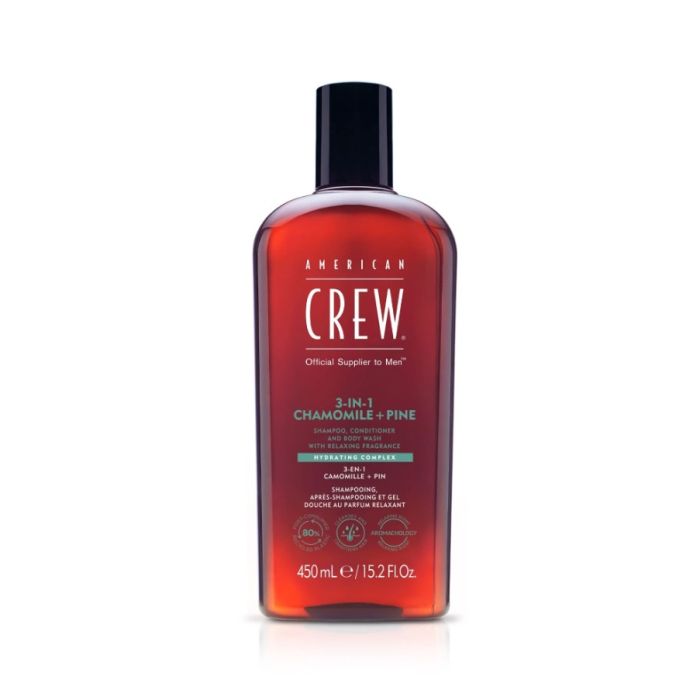 American Crew 3-en-1 Camomille & Pin 450ml – Shampoing, Après-Shampoing & Gel Douche