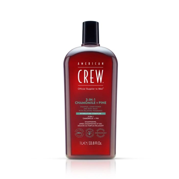 American Crew 3-en-1 Camomille & Pin 1L – Shampooing, Après-shampooing et Gel Douche