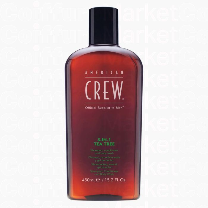 American Crew 3 en 1 Tea Tree 450ml - Shampoing, Soin & Gel Douche à l'Huile de Tea Tree
